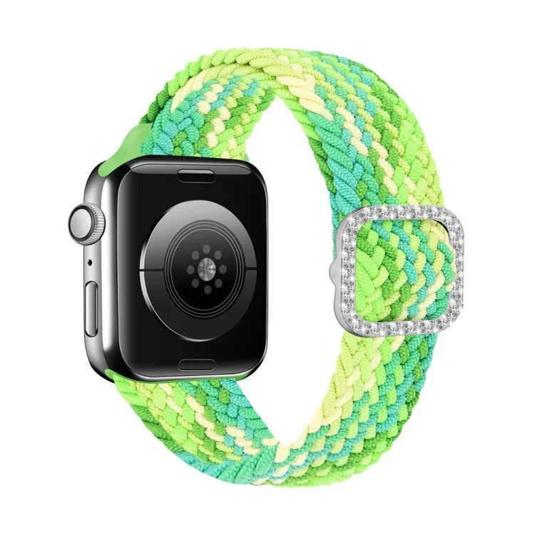 สายรัดนาฬิกาถักไนลอนยืดหยุ่นพร้อมหัวเข็มขัดเพชรปรับได้สำหรับ Apple Watch Series, 7 & 6 & SE & 5 & 4 40mm/3 & 2 & 1 38mm, 7 & 6 & SE & 5 & 4 44mm/3 & 2 & 1 42mm