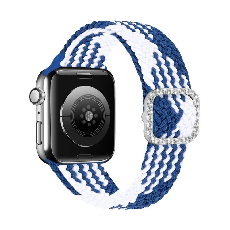 สายรัดนาฬิกาถักไนลอนยืดหยุ่นพร้อมหัวเข็มขัดเพชรปรับได้สำหรับ Apple Watch Series, 7 & 6 & SE & 5 & 4 40mm/3 & 2 & 1 38mm, 7 & 6 & SE & 5 & 4 44mm/3 & 2 & 1 42mm