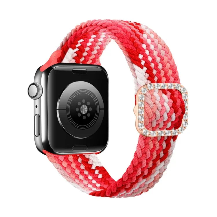 สายรัดนาฬิกาถักไนลอนยืดหยุ่นพร้อมหัวเข็มขัดเพชรปรับได้สำหรับ Apple Watch Series, 7 & 6 & SE & 5 & 4 40mm/3 & 2 & 1 38mm, 7 & 6 & SE & 5 & 4 44mm/3 & 2 & 1 42mm