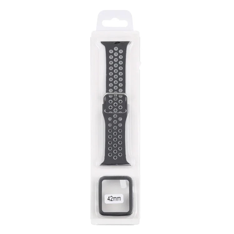 ชุดสายรัดนาฬิกาซิลิโคนพร้อมเคสป้องกันและฟิล์มกันรอยหน้าจอ สำหรับ Apple Watch Series, 3 & 2 & 1 42mm, สำหรับ Apple Watch Series 6 / 5 / 4 / Watch SE 44mm