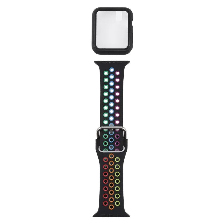 ชุดสายรัดนาฬิกาซิลิโคนพร้อมเคสป้องกันและฟิล์มกันรอยหน้าจอ สำหรับ Apple Watch Series, 3 & 2 & 1 42mm, สำหรับ Apple Watch Series 6 / 5 / 4 / Watch SE 44mm