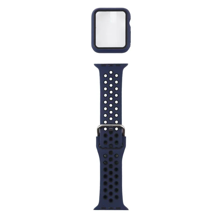 ชุดสายรัดนาฬิกาซิลิโคนพร้อมเคสป้องกันและฟิล์มกันรอยหน้าจอ สำหรับ Apple Watch Series, 3 & 2 & 1 42mm, สำหรับ Apple Watch Series 6 / 5 / 4 / Watch SE 44mm