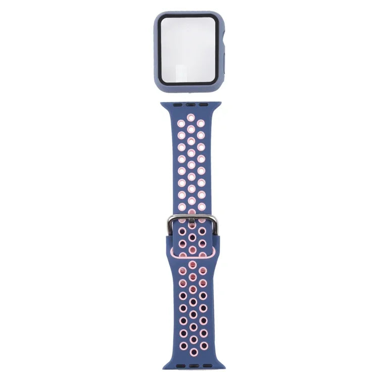 ชุดสายรัดนาฬิกาซิลิโคนพร้อมเคสป้องกันและฟิล์มกันรอยหน้าจอ สำหรับ Apple Watch Series, 3 & 2 & 1 42mm, สำหรับ Apple Watch Series 6 / 5 / 4 / Watch SE 44mm