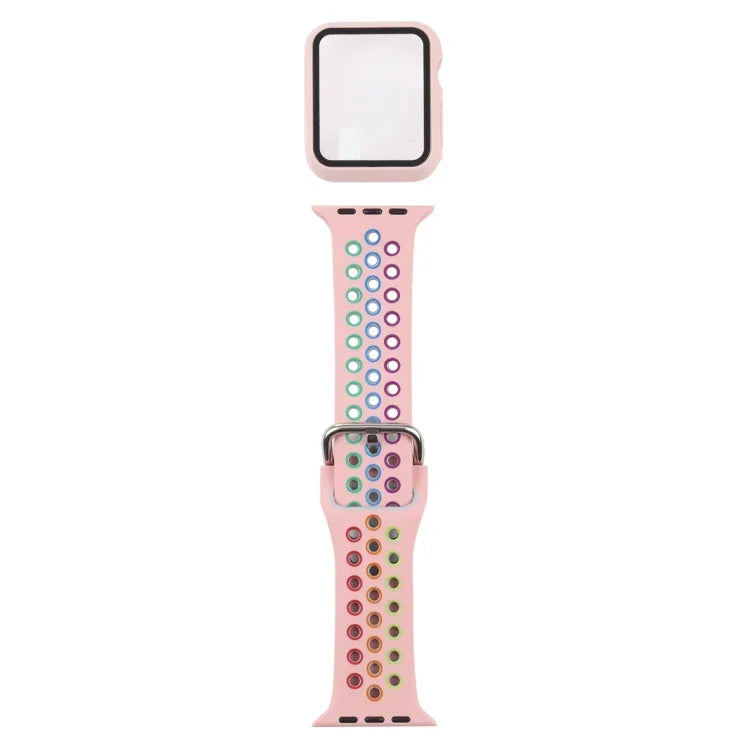 ชุดสายรัดนาฬิกาซิลิโคนพร้อมเคสป้องกันและฟิล์มกันรอยหน้าจอ สำหรับ Apple Watch Series, 3 & 2 & 1 42mm, สำหรับ Apple Watch Series 6 / 5 / 4 / Watch SE 44mm