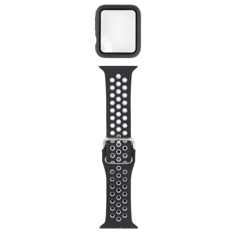ชุดสายรัดนาฬิกาซิลิโคนพร้อมเคสป้องกันและฟิล์มกันรอยหน้าจอ สำหรับ Apple Watch Series, 3 & 2 & 1 42mm, สำหรับ Apple Watch Series 6 / 5 / 4 / Watch SE 44mm