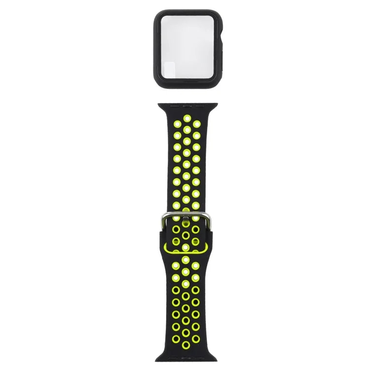 ชุดสายรัดนาฬิกาซิลิโคนพร้อมเคสป้องกันและฟิล์มกันรอยหน้าจอ สำหรับ Apple Watch Series, 3 & 2 & 1 42mm, สำหรับ Apple Watch Series 6 / 5 / 4 / Watch SE 44mm
