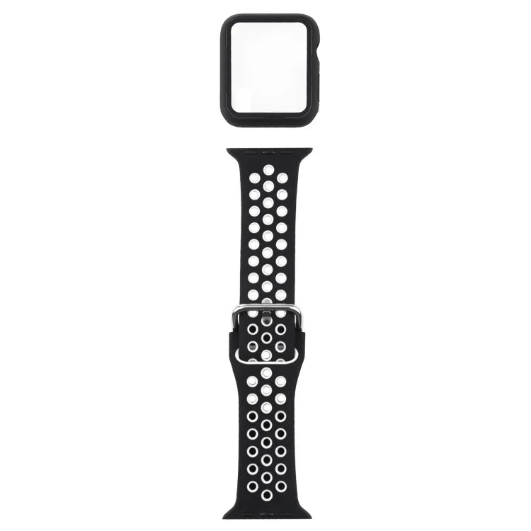 ชุดสายรัดนาฬิกาซิลิโคนพร้อมเคสป้องกันและฟิล์มกันรอยหน้าจอ สำหรับ Apple Watch Series, 3 & 2 & 1 42mm, สำหรับ Apple Watch Series 6 / 5 / 4 / Watch SE 44mm