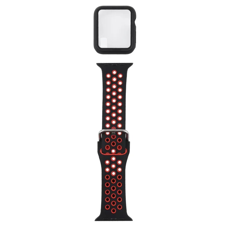 ชุดสายรัดนาฬิกาซิลิโคนพร้อมเคสป้องกันและฟิล์มกันรอยหน้าจอ สำหรับ Apple Watch Series, 3 & 2 & 1 42mm, สำหรับ Apple Watch Series 6 / 5 / 4 / Watch SE 44mm