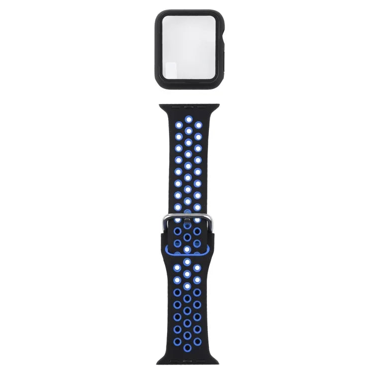 ชุดสายรัดนาฬิกาซิลิโคนพร้อมเคสป้องกันและฟิล์มกันรอยหน้าจอ สำหรับ Apple Watch Series, 3 & 2 & 1 42mm, สำหรับ Apple Watch Series 6 / 5 / 4 / Watch SE 44mm