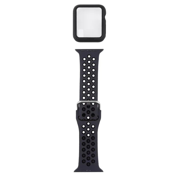 ชุดสายรัดนาฬิกาซิลิโคนพร้อมเคสป้องกันและฟิล์มกันรอยหน้าจอ สำหรับ Apple Watch Series, 3 & 2 & 1 42mm, สำหรับ Apple Watch Series 6 / 5 / 4 / Watch SE 44mm