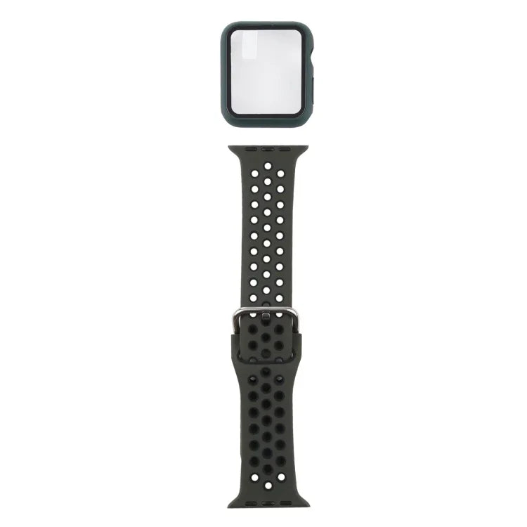 ชุดสายรัดนาฬิกาซิลิโคนพร้อมเคสป้องกันและฟิล์มกันรอยหน้าจอ สำหรับ Apple Watch Series, 3 & 2 & 1 42mm, สำหรับ Apple Watch Series 6 / 5 / 4 / Watch SE 44mm