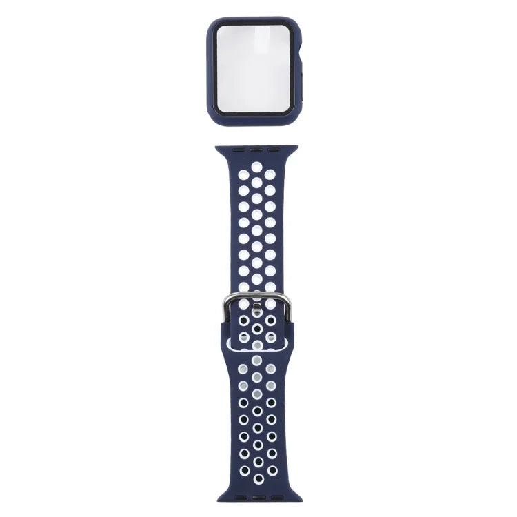 ชุดสายรัดนาฬิกาซิลิโคนพร้อมเคสป้องกันและฟิล์มกันรอยหน้าจอ สำหรับ Apple Watch Series, 3 & 2 & 1 42mm, สำหรับ Apple Watch Series 6 / 5 / 4 / Watch SE 44mm