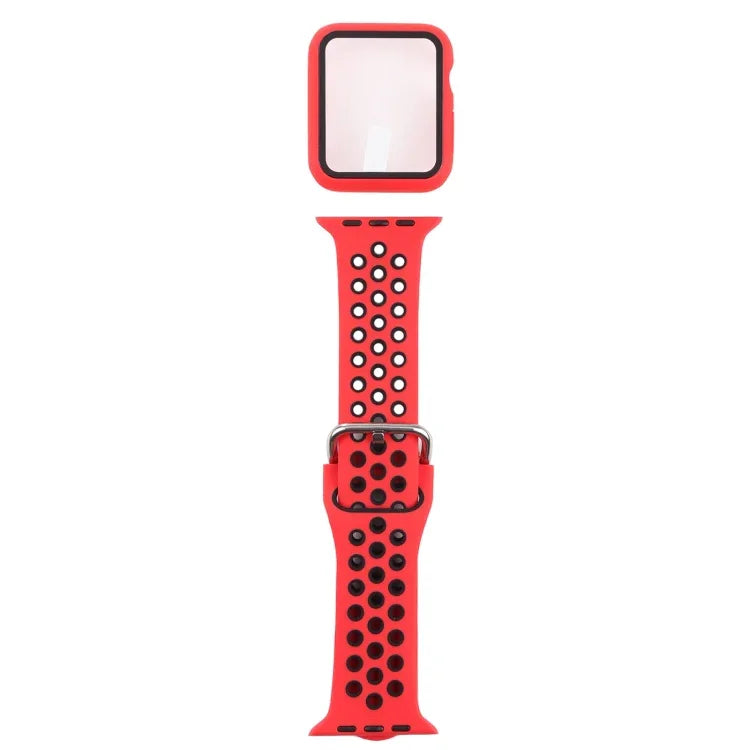 ชุดสายรัดนาฬิกาซิลิโคนพร้อมเคสป้องกันและฟิล์มกันรอยหน้าจอ สำหรับ Apple Watch Series, 3 & 2 & 1 42mm, สำหรับ Apple Watch Series 6 / 5 / 4 / Watch SE 44mm