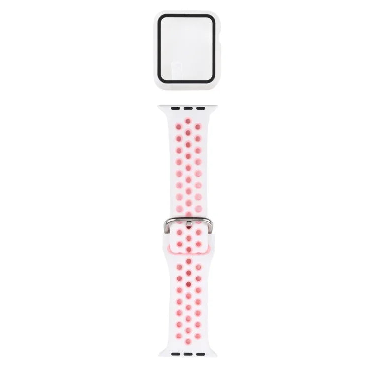ชุดสายรัดนาฬิกาซิลิโคนพร้อมเคสป้องกันและฟิล์มกันรอยหน้าจอ สำหรับ Apple Watch Series, 3 & 2 & 1 42mm, สำหรับ Apple Watch Series 6 / 5 / 4 / Watch SE 44mm