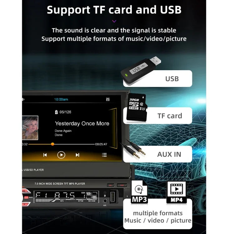 9601C เครื่องเล่น MP5 รถยนต์หน้าจอ 7 นิ้ว HD แบบเลื่อนด้วยมือ รองรับ Carplay, FM, บลูทูธ และ TF Card, 9601C
