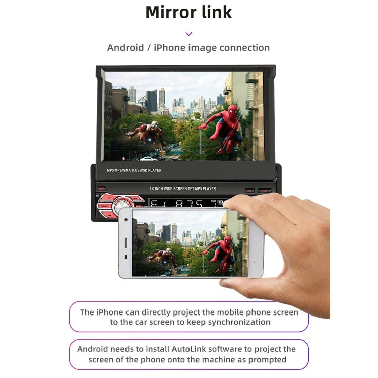 9601C เครื่องเล่น MP5 รถยนต์หน้าจอ 7 นิ้ว HD แบบเลื่อนด้วยมือ รองรับ Carplay, FM, บลูทูธ และ TF Card, 9601C