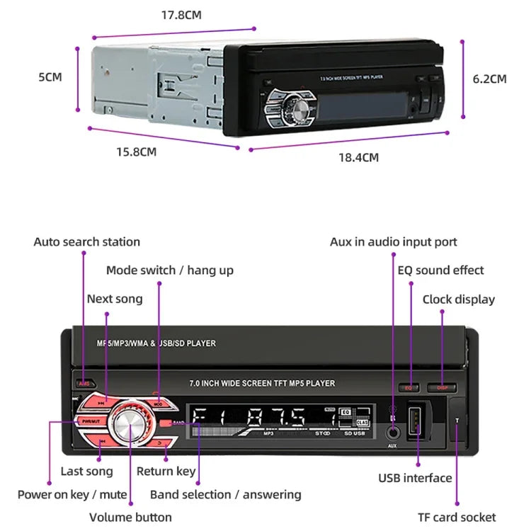 9601C เครื่องเล่น MP5 รถยนต์หน้าจอ 7 นิ้ว HD แบบเลื่อนด้วยมือ รองรับ Carplay, FM, บลูทูธ และ TF Card, 9601C