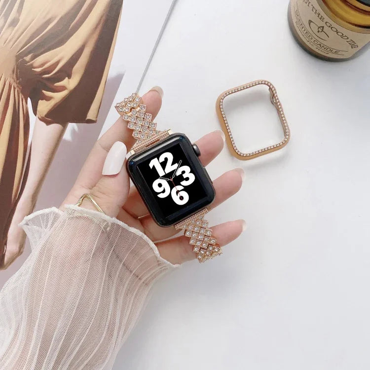 สายรัดข้อมือแบบเปลี่ยนได้โลหะประดับเพชรทรงสี่เหลี่ยมขนมเปียกปูนพร้อมเคส สำหรับ Apple Watch Series, สำหรับ Apple Watch Series 6 / 5 / 4 / Watch SE 40mm, สำหรับ Apple Watch Series 6 / 5 / 4 / Watch SE 44mm, 3 & 2 & 1 42mm, 3 & 2 & 1 38mm