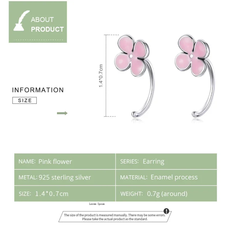 ต่างหูผู้หญิงเงินสเตอร์ลิง S925 แบบตุ้มหูดอกไม้สีชมพู, ดอกไม้สีชมพู