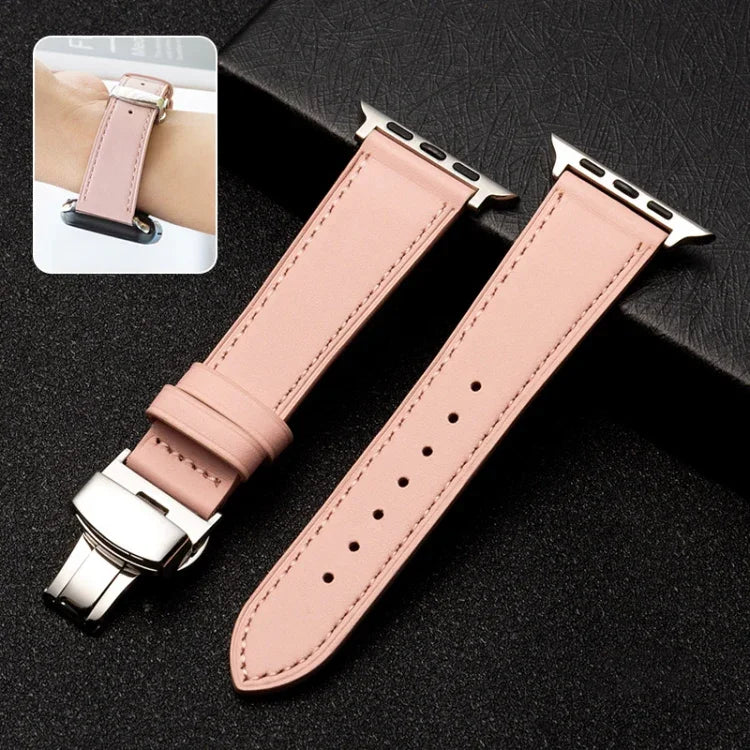 สายรัดนาฬิกาหนังวัวชั้นบนแบบบานพับผีเสื้อสำหรับธุรกิจ, สำหรับ Apple Watch Series 8&7 41mm / SE 2&6&SE&5&4 40mm / 3&2&1 38mm, สำหรับ Apple Watch Series 6&SE&5&4 44mm / 3&2&1 42mm, สำหรับ Apple Watch Series 6&SE& 5&4 40mm / 3 & 2 & 1 38mm