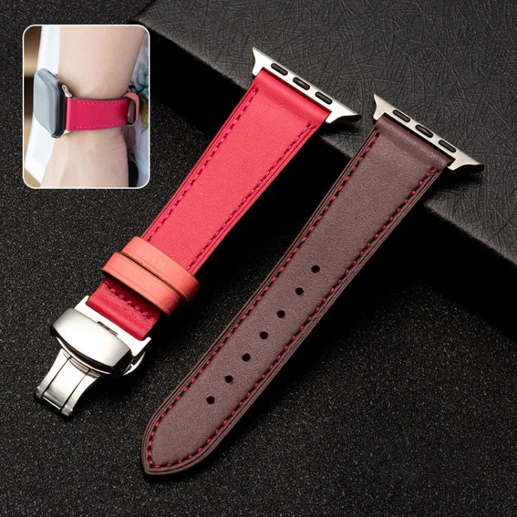 สายรัดนาฬิกาหนังวัวชั้นบนแบบบานพับผีเสื้อสำหรับธุรกิจ, สำหรับ Apple Watch Series 8&7 41mm / SE 2&6&SE&5&4 40mm / 3&2&1 38mm, สำหรับ Apple Watch Series 6&SE&5&4 44mm / 3&2&1 42mm, สำหรับ Apple Watch Series 6&SE& 5&4 40mm / 3 & 2 & 1 38mm