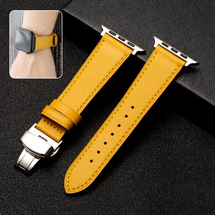 สายรัดนาฬิกาหนังวัวชั้นบนแบบบานพับผีเสื้อสำหรับธุรกิจ, สำหรับ Apple Watch Series 8&7 41mm / SE 2&6&SE&5&4 40mm / 3&2&1 38mm, สำหรับ Apple Watch Series 6&SE&5&4 44mm / 3&2&1 42mm, สำหรับ Apple Watch Series 6&SE& 5&4 40mm / 3 & 2 & 1 38mm