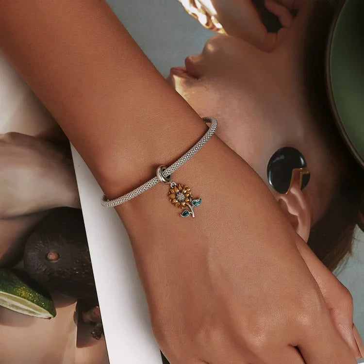 จี้ดอกทานตะวันเงินสเตอร์ลิง S925 อุปกรณ์ทำสร้อยข้อมือสร้อยคอ DIY ลายดอกทานตะวัน