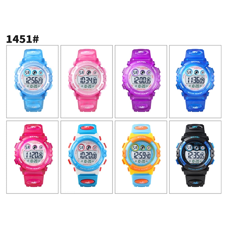 นาฬิกาอิเล็กทรอนิกส์สำหรับเด็ก SKMEI 1451 จับเวลาแบบดิจิทัล LED โครโนกราฟเรืองแสง รุ่น 1451 (สีชมพูใสฟ้า), 1451 (สีม่วงใส), 1451 (สีฟ้าใส), 1451 (สีแดงกุหลาบใส), 1451 (ตัวเรือนขาววงกลมฟ้า)