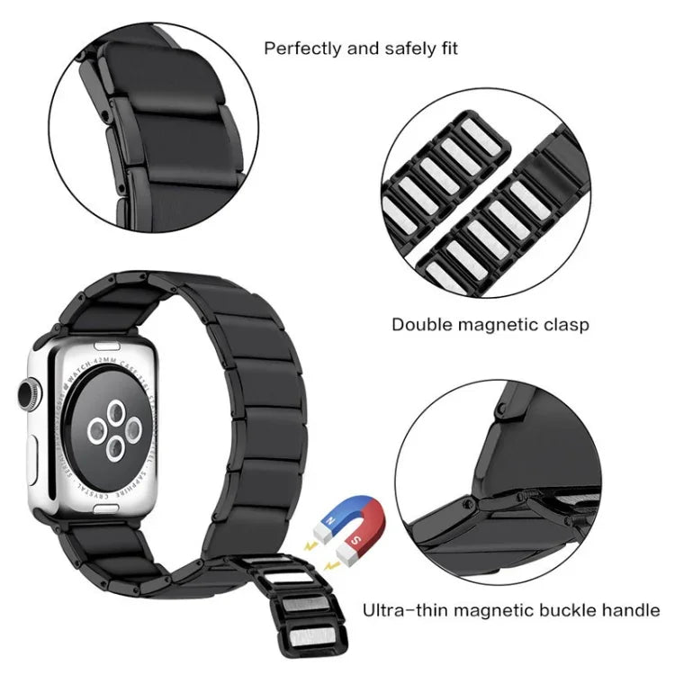 สายเปลี่ยนแบบแม่เหล็กเหล็กข้อต่อไม้ไผ่ สำหรับ Apple Watch Series 7 41mm / 6&SE&5&4 40mm / 3&2&1 38mm, 7 45mm / 6&SE&5&4 44mm / 3&2&1 42mm