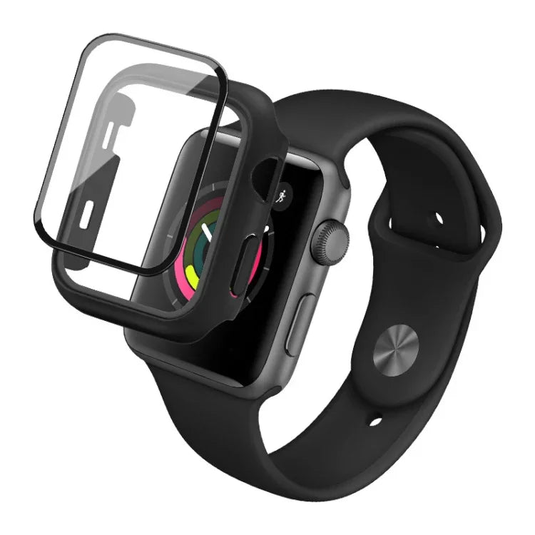 เคสป้องกัน PC กันกระแทกพร้อมฟิล์มกระจกนิรภัย สำหรับ Apple Watch Series 6 & SE & 5 & 4 ขนาด 44 มม., สำหรับ Apple Watch Series 3 & 2 & 1 ขนาด 42 มม., สำหรับ Apple Watch Series 6 & SE & 5 & 4 ขนาด 40 มม., สำหรับ Apple Watch Series 3 & 2 & 1 ขนาด 38 มม.