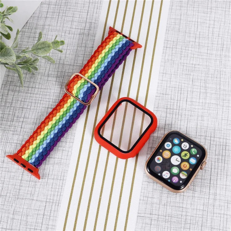 ชุดสายรัดนาฬิกาไนลอนทอแบบมีลายปรับได้พร้อมเคส สำหรับ Apple Watch Series, 7 ขนาด 41 มม./6&SE&5&4 ขนาด 40 มม./3&2&1 ขนาด 38 มม., 7 ขนาด 45 มม./6&SE&5&4 ขนาด 44 มม./3&2&1 ขนาด 42 มม.