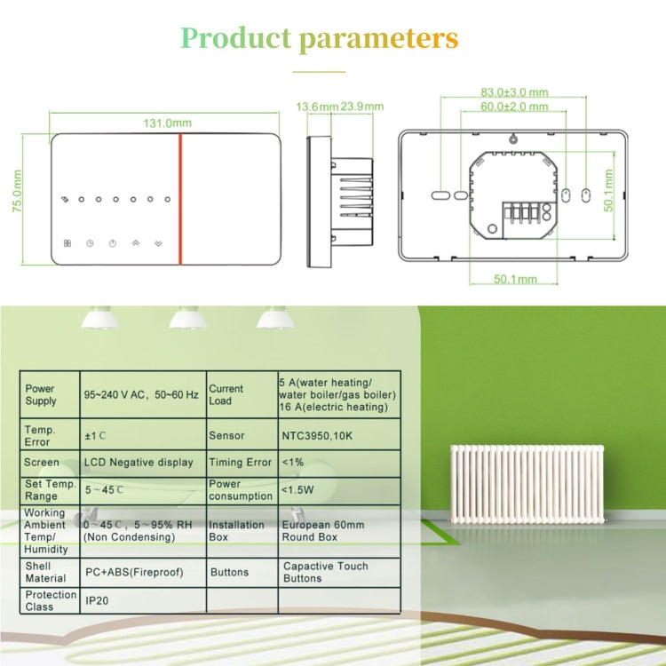 เทอร์โมสตัททำความร้อนบ้านอัจฉริยะ BHT-005-GC 220V AC 3A สำหรับกล่อง EU, ควบคุมหม้อต้มน้ำด้วยเซนเซอร์ภายในเท่านั้น, BHT-005-GC