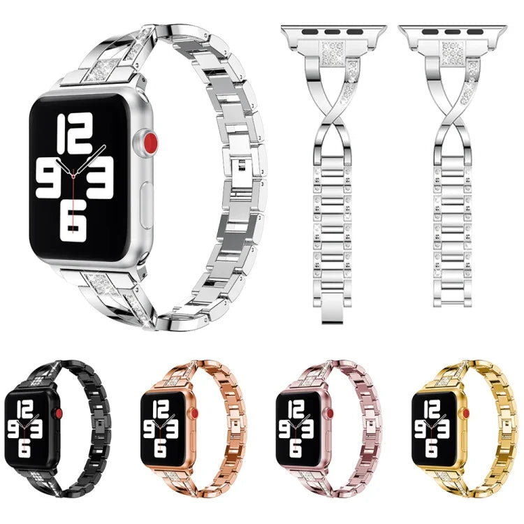 สายสแตนเลสสตีลประดับเพชร สำหรับ Apple Watch Series, 7 ขนาด 41 มม. / 6&SE&5&4 ขนาด 40 มม. / 3&2&1 ขนาด 38 มม., 7 ขนาด 45 มม. / 6&SE&5&4 ขนาด 44 มม. / 3&2&1 ขนาด 42 มม.