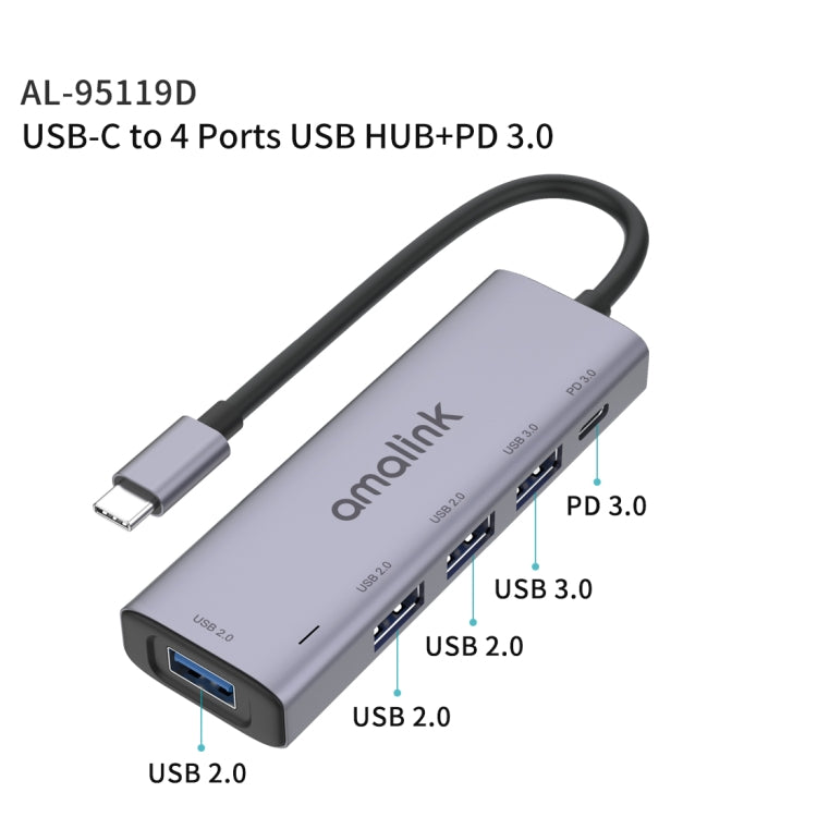 amalink 95119D HUB Docking Station อเนกประสงค์ Type-C / USB-C ถึง 4 พอร์ต USB + PD 3.0, 95119D