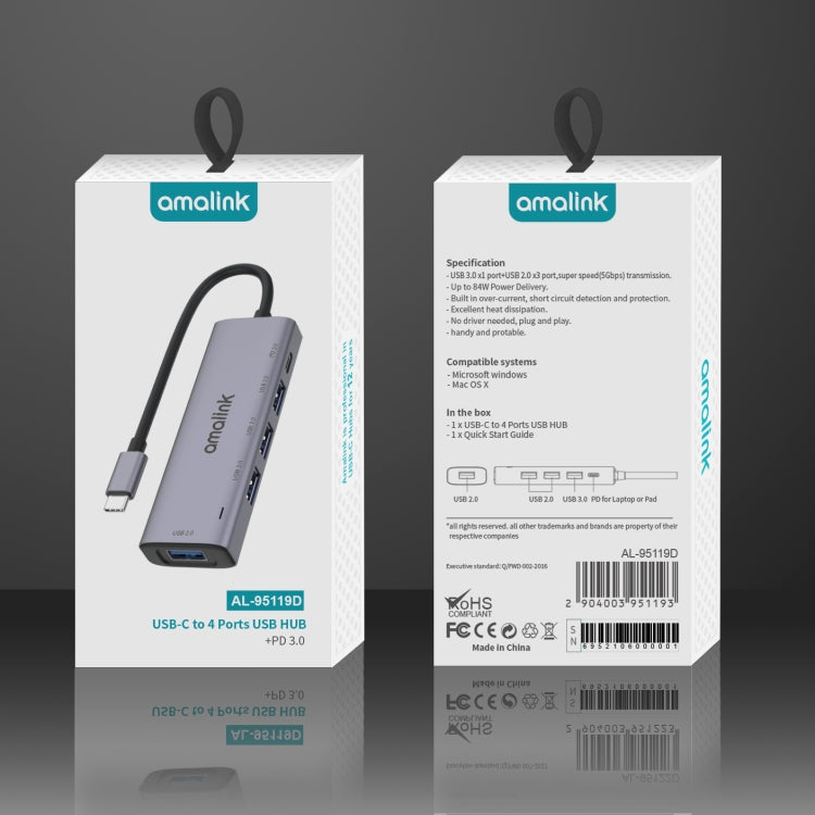 amalink 95119D HUB Docking Station อเนกประสงค์ Type-C / USB-C ถึง 4 พอร์ต USB + PD 3.0, 95119D