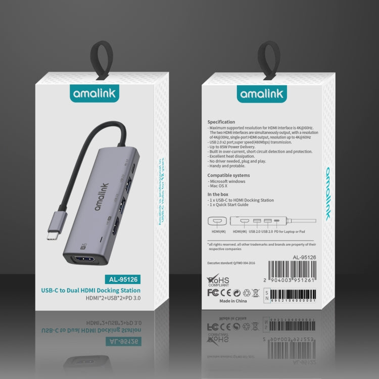 amalink 95126 HUB อเนกประสงค์ Type-C / USB-C ถึง HDMI คู่ + 2 พอร์ต USB + PD 3.0, 95126