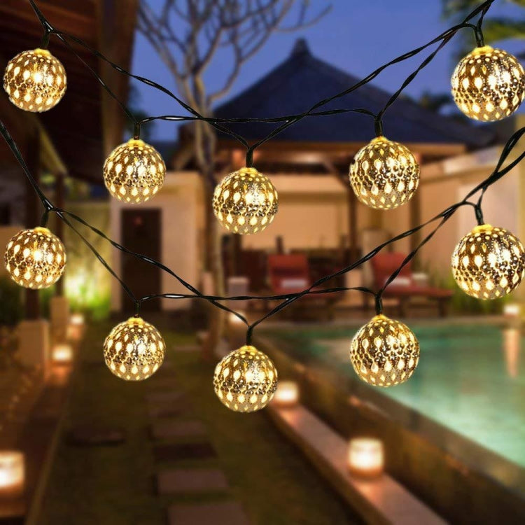 ไฟสายไฟ LED กลมกลวงเหล็กดัดสำหรับตกแต่งสวนกลางแจ้ง พร้อมรีโมทคอนโทรล กล่องแบตเตอรี่กันน้ำ 40 ดวง, กล่องแบตเตอรี่กันน้ำ 50 ดวง