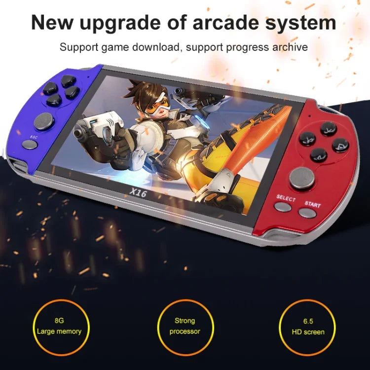 เครื่องเล่นเกมพกพาคลาสสิกหน้าจอ 6.5 นิ้ว X16 พร้อมหน่วยความจำ 8GB, X16 8GB 6.5 นิ้ว