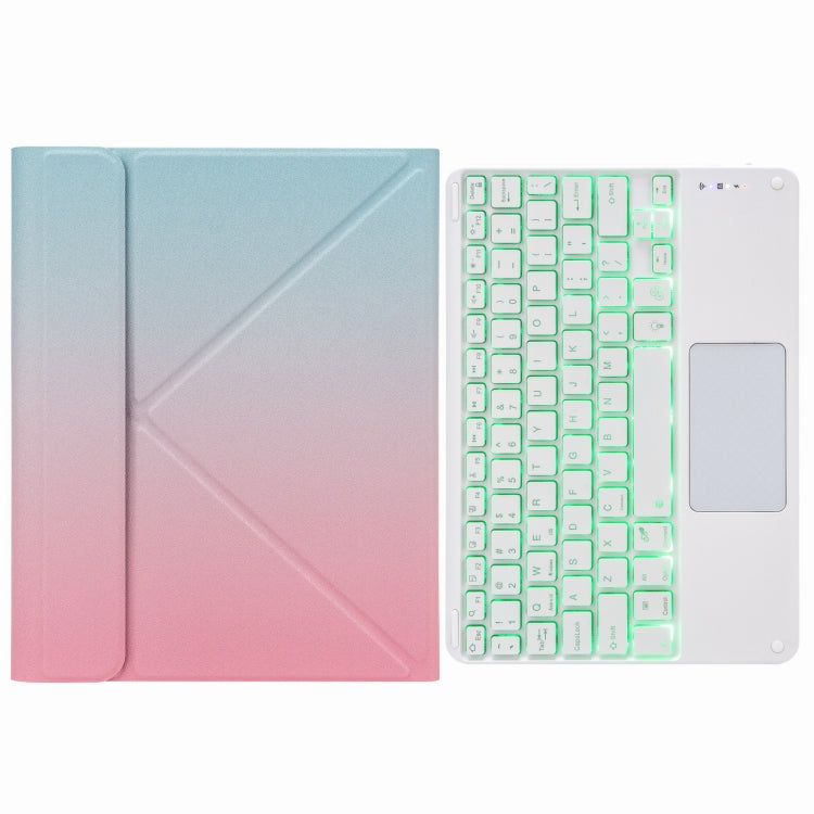 เคสหนังคีย์บอร์ดบลูทูธแบบมีไฟส่องหลังแบบสัมผัส H-097CS พร้อมที่วางพับสามตอนด้านหลัง สำหรับ iPad 9.7 ปี 2018 & 2017, สำหรับ iPad Pro 11 นิ้ว ปี 2021 & 2020 & 2018 / Air 2020 10.9