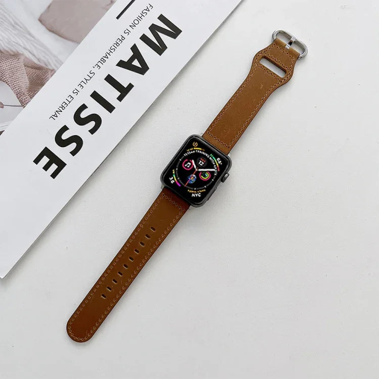 สายหนังแท้หัวเข็มขัดวงรี สำหรับ Apple Watch Series, 7 41mm / 6&SE&5&4 40mm / 3&2&1 38mm, 7 45mm / 6&SE&5&4 44mm / 3&2&1 42mm