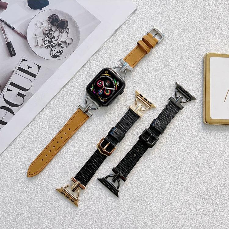 สายหนังแท้และเหล็กทรง D สำหรับ Apple Watch Series, 7 41mm / 6&SE&5&4 40mm / 3&2&1 38mm, 7 45mm / 6&SE&5&4 44mm / 3&2&1 42mm