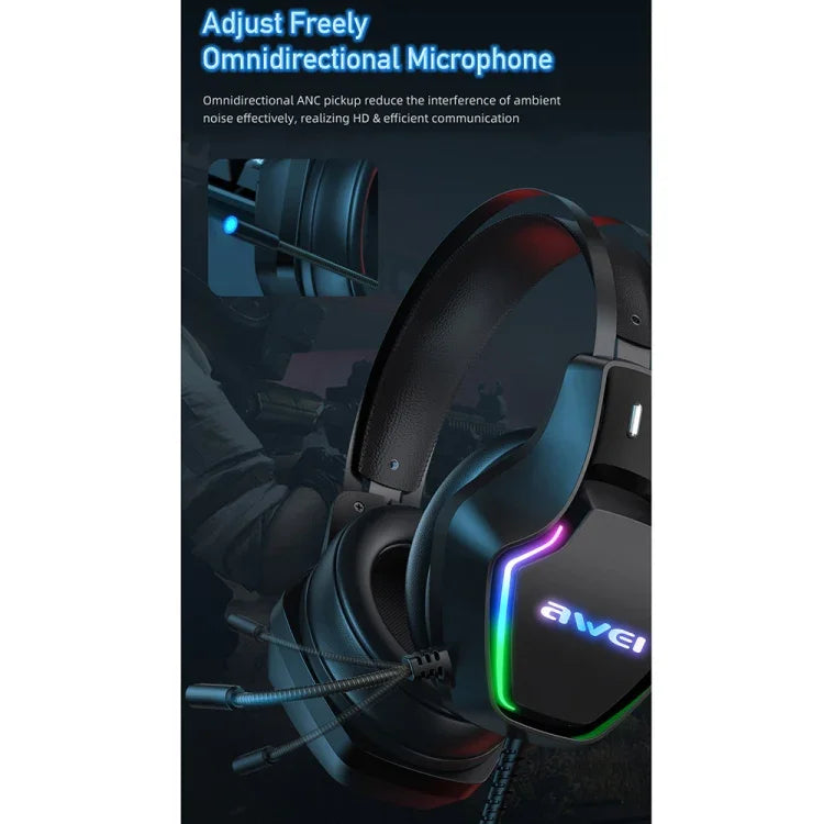 หูฟังเกมมิ่งมีสายพร้อมไฟแอมเบียนต์ awei GM-1 USB + 3.5 มม. พร้อมไมโครโฟน, GM-1
