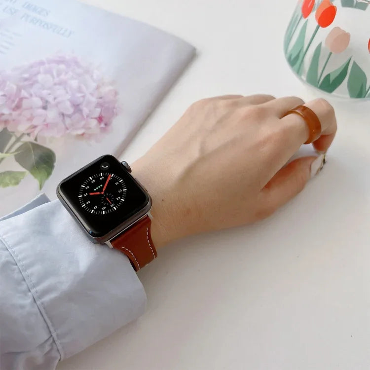 สายรัดนาฬิกาหนังลายเรียบ สำหรับ Apple Watch Series, 7 41 มม. / 6&SE&5&4 40 มม. / 3&2&1 38 มม., 7 45 มม. / 6&SE&5&4 44 มม. / 3&2&1 42 มม.