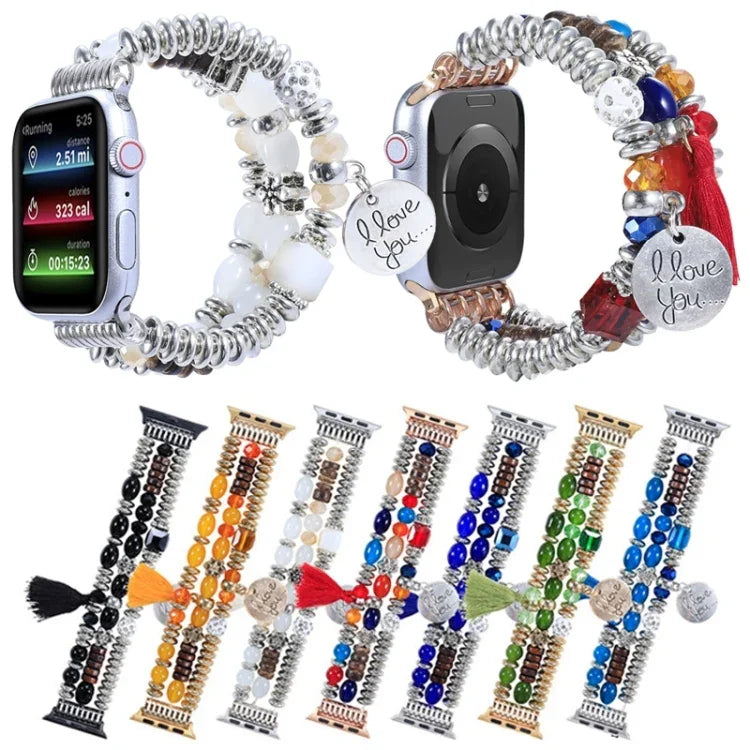 สายรัดนาฬิกาประดับลูกปัดพู่ สำหรับ Apple Watch Series, 7 41 มม. / 6&SE&5&4 40 มม. / 3&2&1 38 มม., 7 45 มม. / 6&SE&5&4 44 มม. / 3&2&1 42 มม.