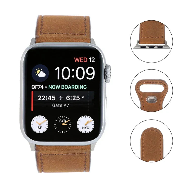 สายรัดนาฬิกาหนังม้าบ้าแบบหัวเข็มขัดผีเสื้อ สำหรับ Apple Watch Series, 7 41 มม. / 6&SE&5&4 40 มม. / 3&2&1 38 มม., 7 45 มม. / 6&SE&5&4 44 มม. / 3&2&1 42 มม.