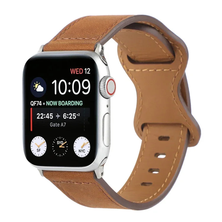 สายรัดนาฬิกาหนังม้าบ้าแบบหัวเข็มขัดผีเสื้อ สำหรับ Apple Watch Series, 7 41 มม. / 6&SE&5&4 40 มม. / 3&2&1 38 มม., 7 45 มม. / 6&SE&5&4 44 มม. / 3&2&1 42 มม.