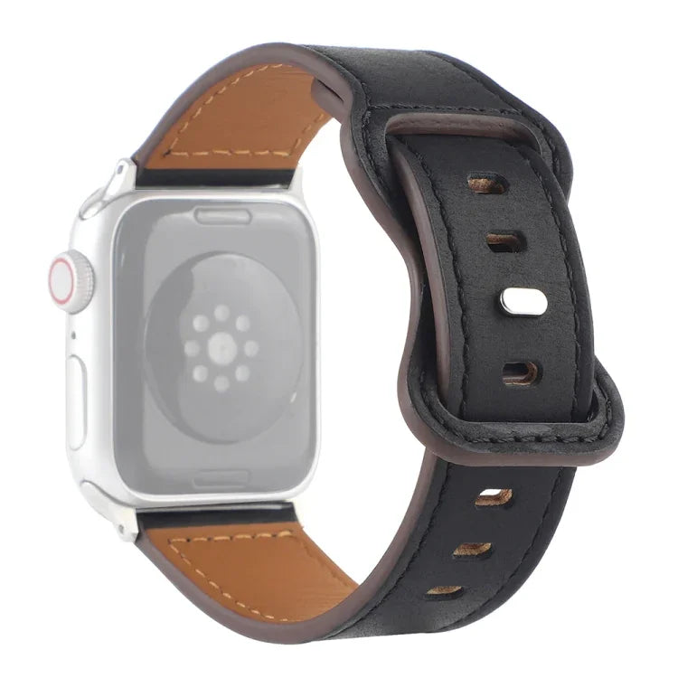 สายรัดนาฬิกาหนังม้าบ้าแบบหัวเข็มขัดผีเสื้อ สำหรับ Apple Watch Series, 7 41 มม. / 6&SE&5&4 40 มม. / 3&2&1 38 มม., 7 45 มม. / 6&SE&5&4 44 มม. / 3&2&1 42 มม.