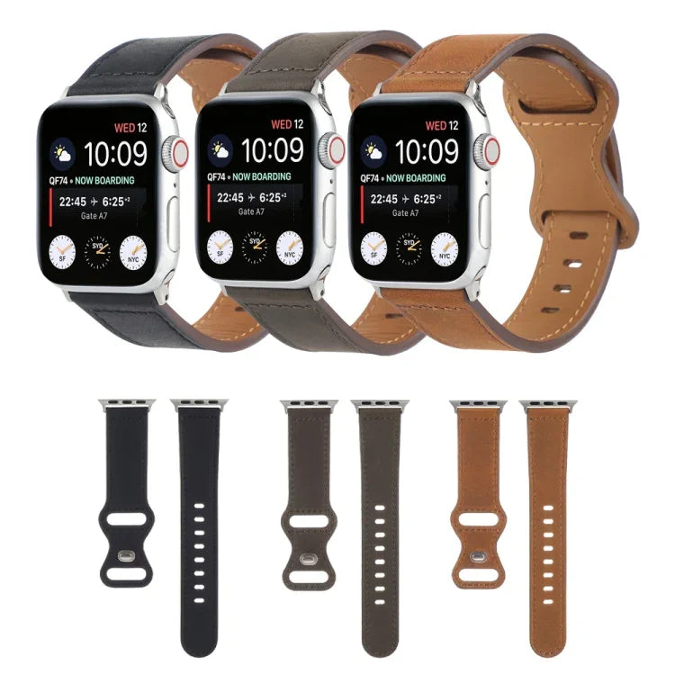 สายรัดนาฬิกาหนังม้าบ้าแบบหัวเข็มขัดผีเสื้อ สำหรับ Apple Watch Series, 7 41 มม. / 6&SE&5&4 40 มม. / 3&2&1 38 มม., 7 45 มม. / 6&SE&5&4 44 มม. / 3&2&1 42 มม.