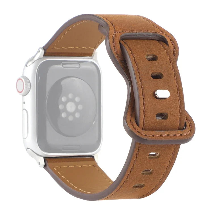 สายรัดนาฬิกาหนังม้าบ้าแบบหัวเข็มขัดผีเสื้อ สำหรับ Apple Watch Series, 7 41 มม. / 6&SE&5&4 40 มม. / 3&2&1 38 มม., 7 45 มม. / 6&SE&5&4 44 มม. / 3&2&1 42 มม.