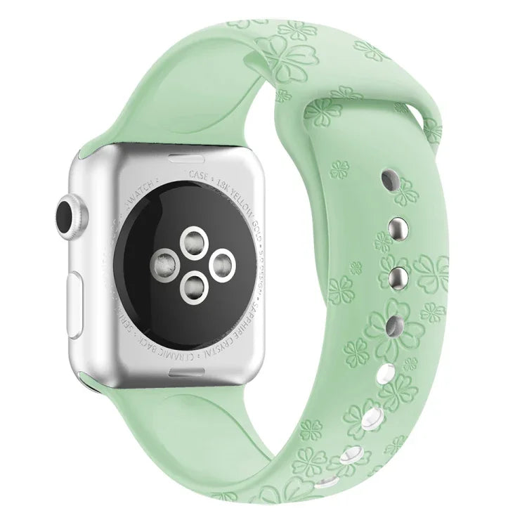 สายรัดนาฬิกาซิลิโคนลายใบโคลเวอร์สี่แฉก สำหรับ Apple Watch Series, 7 45 มม. / 6&SE&5&4 44 มม. / 3&2&1 42 มม., 7 41 มม. / 6&SE&5&4 40 มม. / 3&2&1 38 มม.